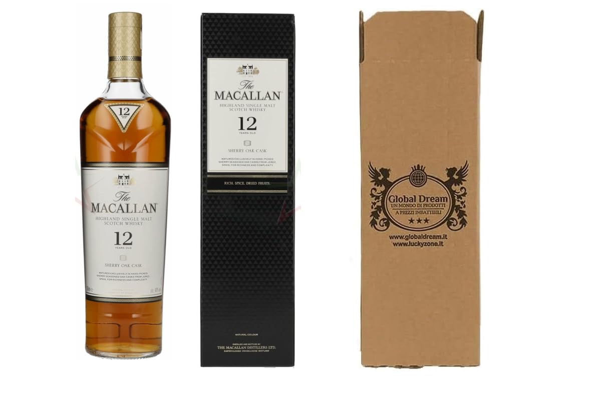 The Macallan 12 Years Sherry Oak Single Malt Scotch Whisky, 40% Vol, 700ml, Invecchiato in Botti di Quercia | Confezione Global Dream