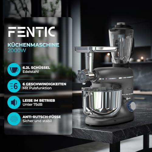6-in-1 Küchenmaschine – 2000W – Mit Fleischwolf, 1,5L Entsafter, Gemüseschneider und Mehr – Knetmaschine mit 6,2L Rührschüssel, Rührhaken, Knethaken, Schlagbesen und Spritzschutz (Anthrazit) – Bild 2