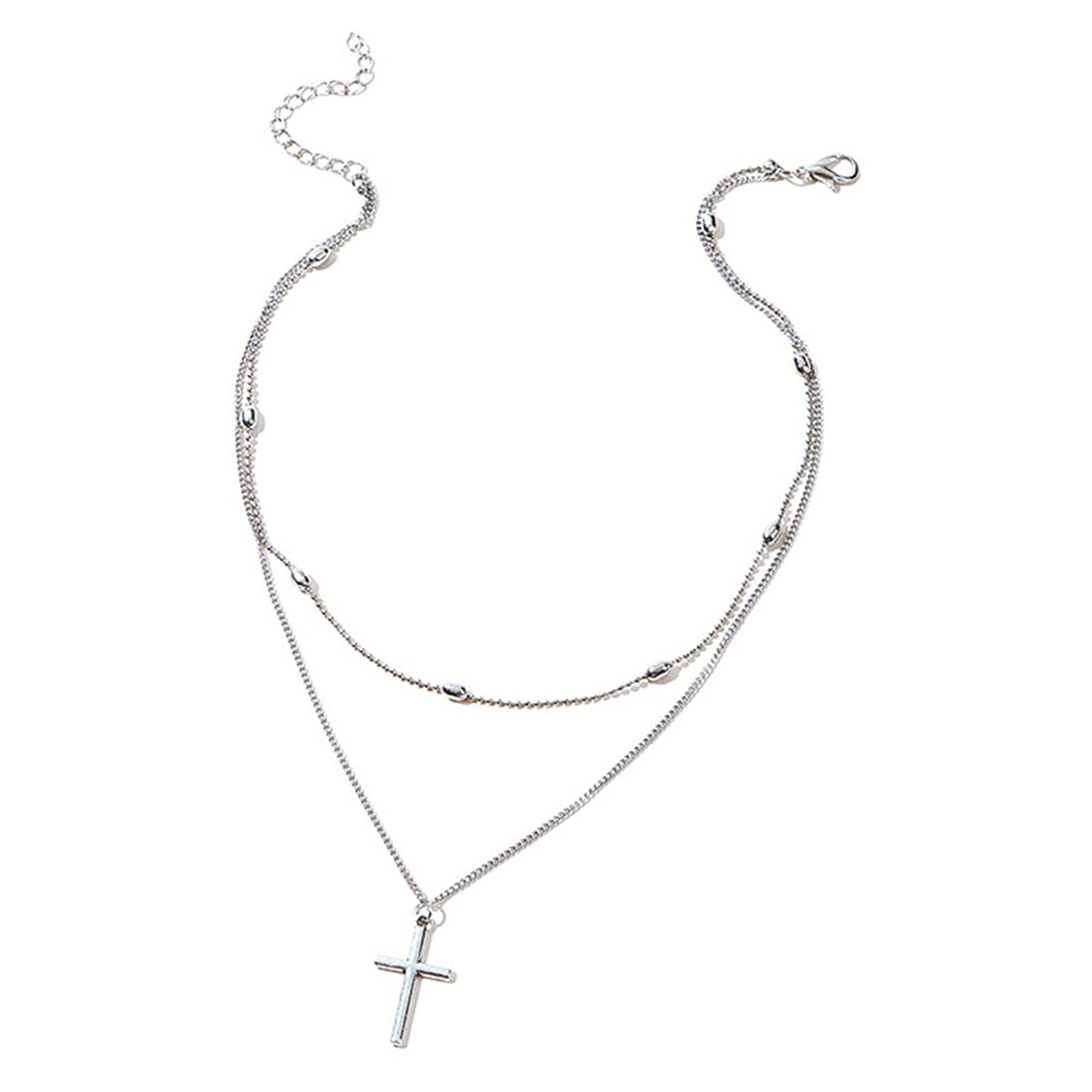 Yienate Layered Cross Necklace Fashion Clavicle Chain Choker Tiny Cross Pendant Religious Necklace Jewelry for Women and Girls (Silver)