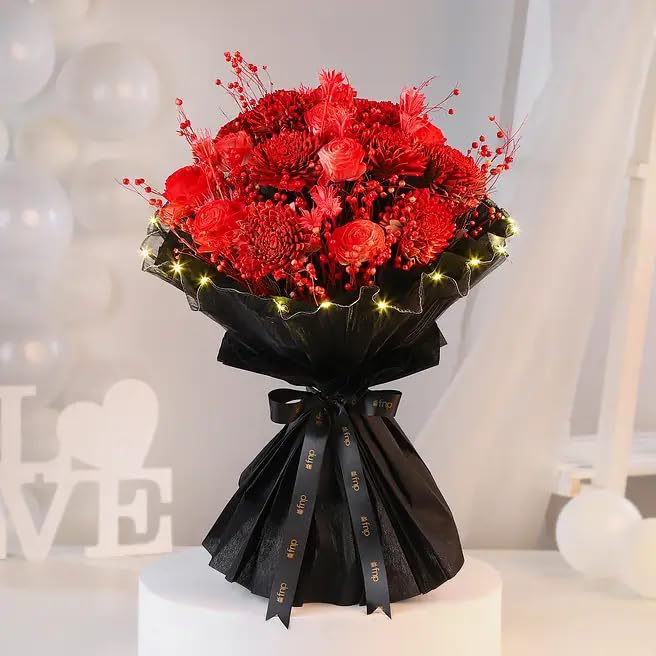 FNP Red & Black Dried Flower Bouquet with Sola Belli & Tishi Grass | Hand Sprayed Dried Flowers, 16 Sola Flowers, Valentine's Day, LED Fairy Lights, Black Wrap & Ribbon-image-44