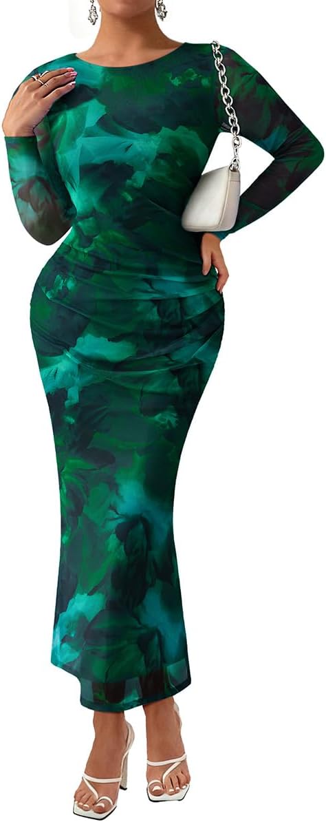 RITERA Plus Size Dresses for Curvy Women Mock Neck Long Sleeve Bodycon Ruched Maxi Fall Dress Cocktail Party Dress XL-5XL