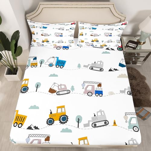 Homewish - Sábana bajera de construcción de 90 x 190 cm, para niño, juego de cama para camiones de microfibra, 1 persona, sábana de tractor, excavadora, grúa Bulldozer regalo fiesta de cumpleaños