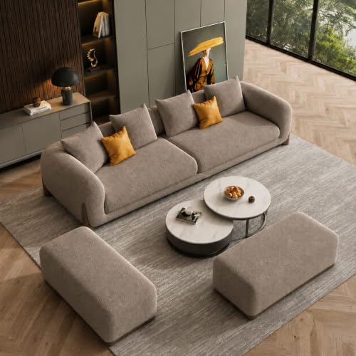 Image of Modern Boucle Sofa for Living Room Bedroom Reception and Office Wooden Polished Leg Sofa for Living Room (Taupe, 3 Seater +Ottoman Set)