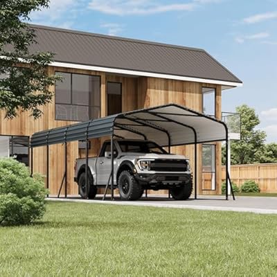 PeakPursuit Metal Carport, 12x20 FT Outdoor Car Port Canopy with Galvanized Steel Roof and Reinforced Base, Heavy Duty Garage Car Shelter Shade for SUV, Truck, Boats