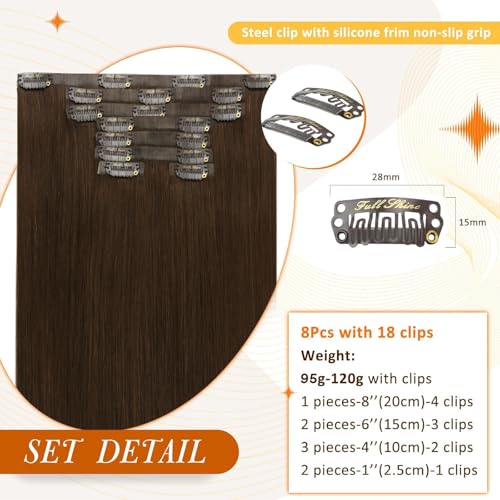 Image of Full Shine Brown Seamless Hair Extensions Clip Ins, 24 Inch 120g | Remy Human Hair, Full Head Coverage with Smooth Length for Versatile Styling, Color 4A Rich Brown,Secure Hold, 8 Pcs