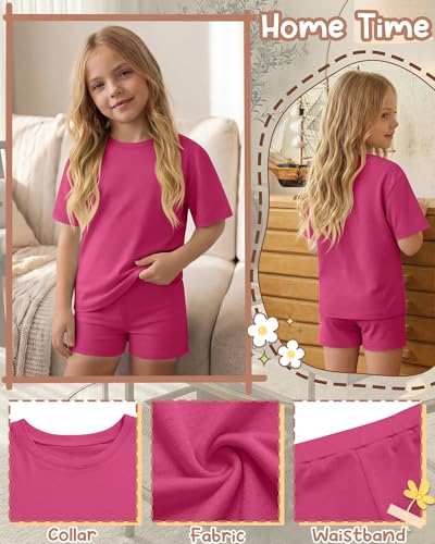 Image of Oakgarden Summer Outfits for Girls 5-14Y Athletic Casual Sets Kid Short Sleeve Shirt Bike Shorts 2 Piece Tween Trendy Clothes
