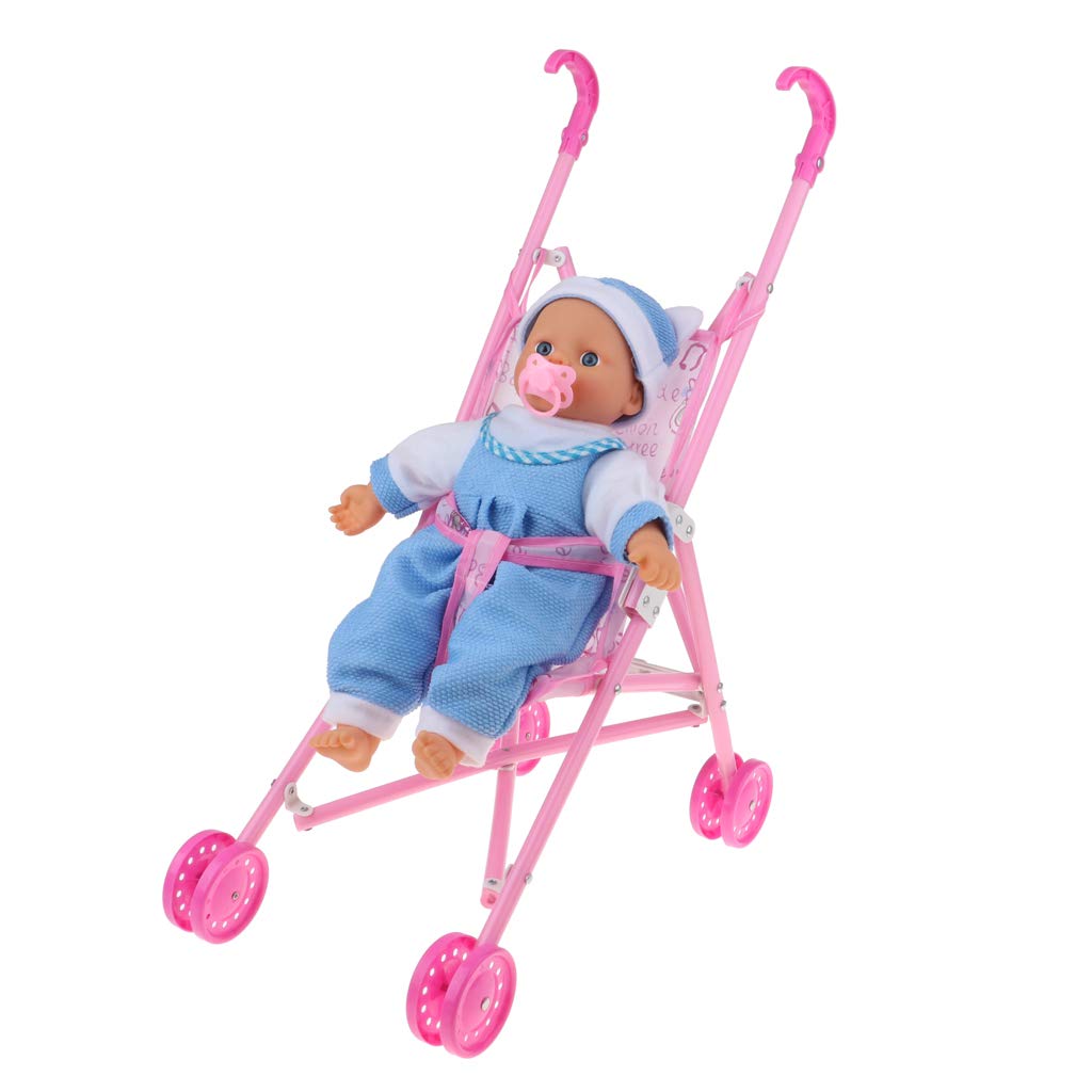 Prettyia Foldable Umbrella Doll Stroller with Pink Handles Baby Trolley & Mini Newborn Baby Doll for Reborn Doll Simulation Nursing Accessory