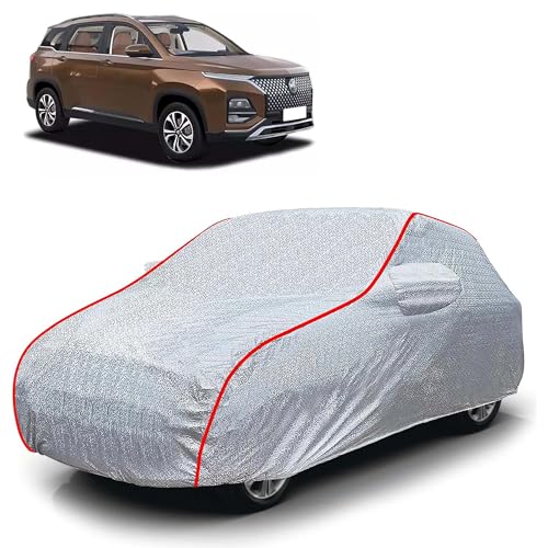 Image of Sulfar 100% Waterproof Car Body Cover Compatible with Mirror for MG Hector Plus (Triple Stitched, Full Bottom Elastic, Magic Silver with Red Piping)