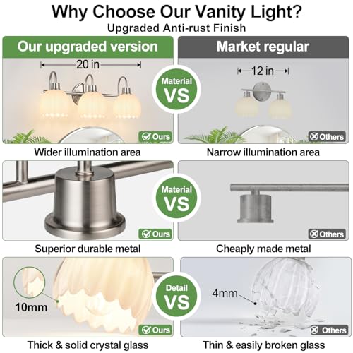 Image of Bathroom Light Fixtures, 3-Light Brushed Nickel Bathroom Vanity Light Over Mirror with White Tulip Glass Shades, Vanity Light Fixture for Bedroom, Living Room & Hallway (Bulbs Not Included)