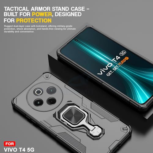 Image of AESTMO Armor Back Cover for Vivo T4 5G / iQOO Z10 5G | Ring Holder & Kickstand & Camera Protection in-Built | 360 Degree Protection Back Case Cover (Black)