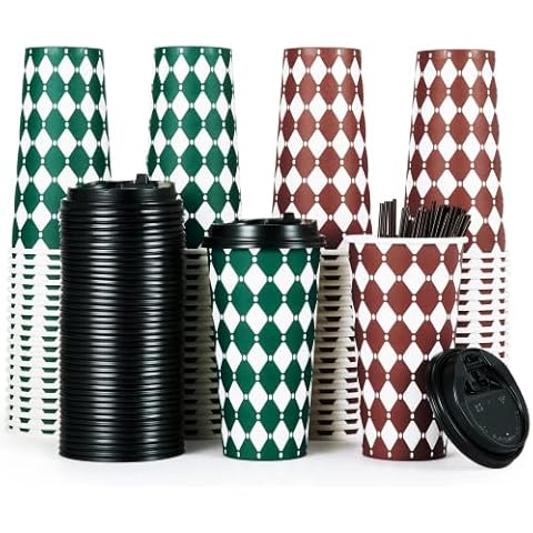 100 Pack 20 oz Coffee Cup, Disposable Paper Coffee Cups with Lids And Stirring Rods, Drinking Cups for Cold/Hot Coffee, Water, Juice, or Tea. Hot Paper Cups for Home, Store and Cafe.(Green And Brown) Cover