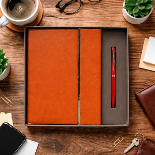Image of 2 in 1 Diary with Pen Gift Set for Men and Women, Leather Notebook Diary & Metal Pen Birthday Gifts for Husband, Brother, Father New Year Corporate Gift for Employee Gift Set (Brown)