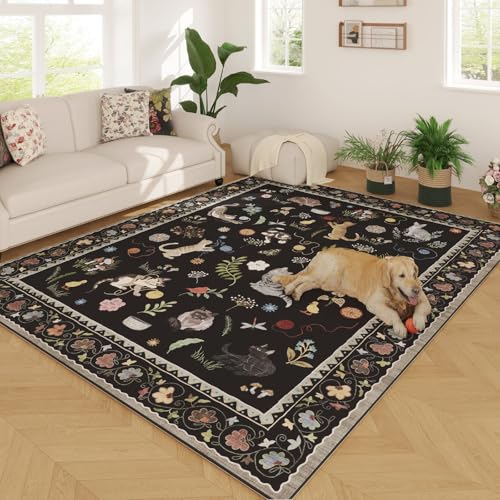 Living Room Rug 5x7 Rug Machine Washable Boho Area Rug Non Slip Floral Animal Cat Vintage Low Pile Large Rugs for Living Room Bedroom Farmhouse Dining Room Kids Playroom, Black
