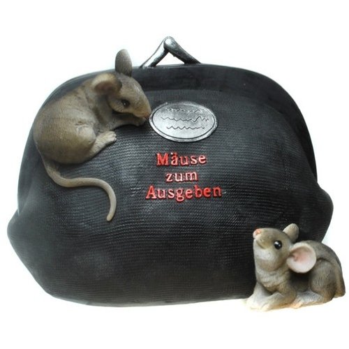 Borsetta salvadanaio con topolini e scritta in