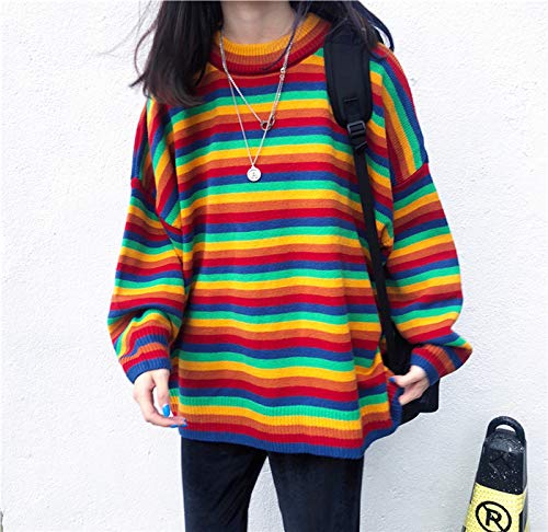 Women Korean Harajuku Loose Striped Rainbow Japan Kawaii Ulzzang Sweater Casual Knitted Pullover (Onesize) #TOP6