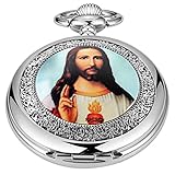 Whodoit Vintage Bronze Jesus Portrait Pocket Watch, Quartz Pocket Watch for Men
