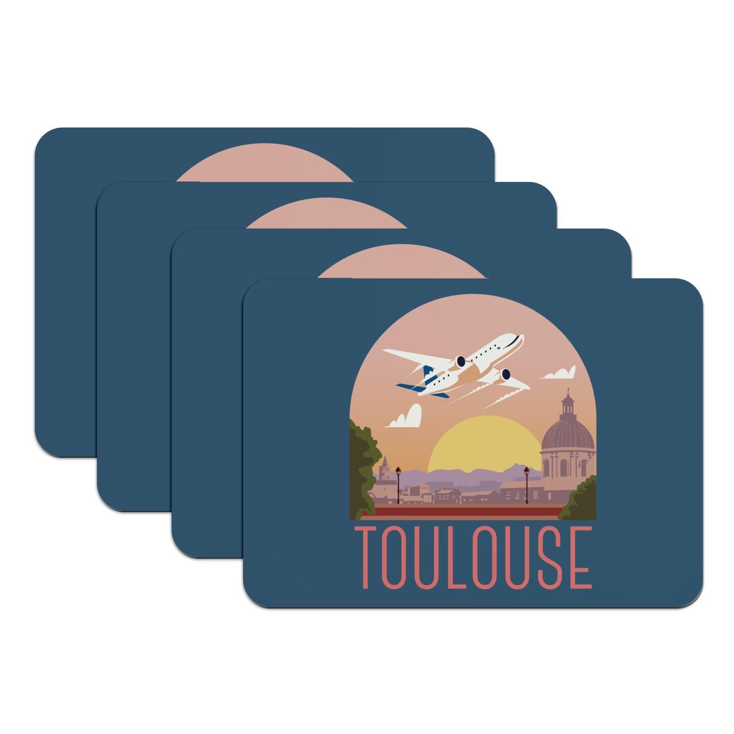 Sets de table bleu caoutchouc grand format motif France voyage Toulouse paysage x4
