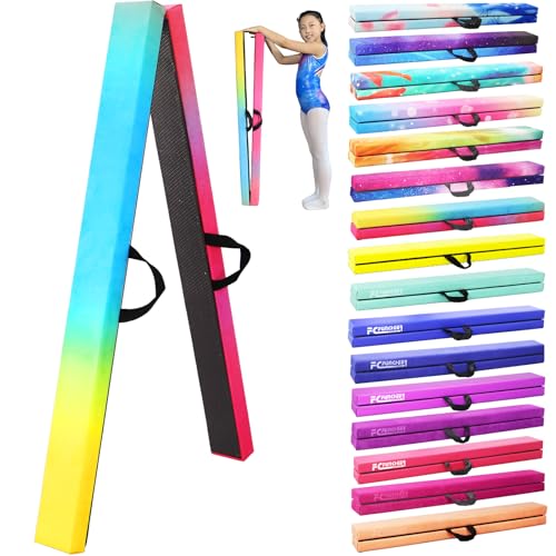 FC FUNCHEER 8FT Folding Balance Beam -Gymnastics Floor Beam -Gymnastics Equipment for Kids,Wood core- Anti-Slip Bottom and Carrying Bag for Home (Suede, Gradient Rainbow)