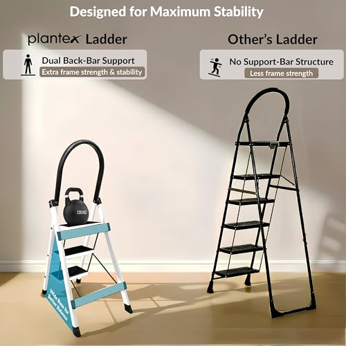 Image of Plantex Ladder for Home 3 Steps /Foldable Ladder with Anti-Skid Wide Steps (30L x 20W cm) /Strong D-Shape Pipe with X-Support for More Stability /5 Year Warranty(Apex-White)