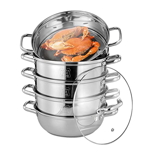 5-Etagen Dampfkocher,Mantovarka Gardampfkochtopf Set Edelstahl Kochgeschirr mit Edelstahldeckel Suppentopf Bio Dampfgarer Heim Küchenherd für Induktionsherd (30cm)