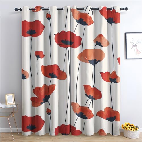 Rideau Occultant Coquelicot - Rideau Thermique Motif Fille Fleurs Rouge, Rideaux Chambre Salon Fenetre, Lot de 2 Rideaux et Draperies Intérieurs à Oeillets,...