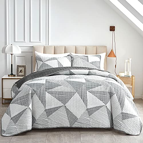 Joyreap 3 Pieces Quilt Set Full/Queen, Geometrical Triangle White Pattern, Smooth Soft Microfiber Quilt, Bedspread Bed Cover For All Season, 1 Quilt And 2 Pillow Shams- 90X90 Inches #TOP8