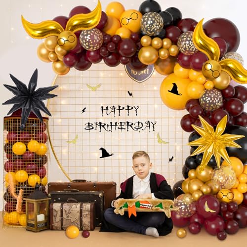 Image of Ouddy Life 172pcs Magical Wizard School Balloons Garland Arch Kit | Burgundy Black Gold Yellow Confetti Snitch Star Foil Balloon for Magic Themed Birthday Decorations Baby Shower Party Supplies