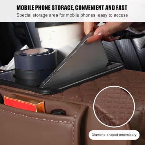 Image of Car Armrest Cushion, 5-in-1 Nappa Leather Vehicle Centre Console Cover with 2 Storage Pockets, Cup Phone & Phone Holder, Multifunctional Auto Organiser Accessories, Universal Fit (Coffee)