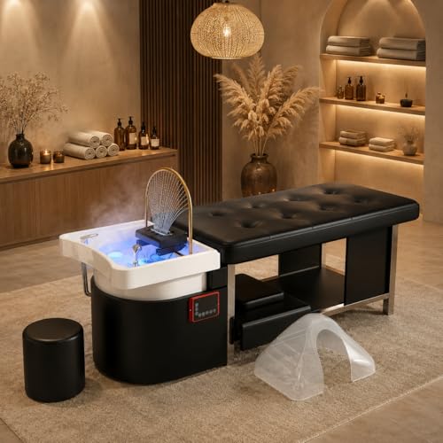 Baasha Luxury Japanese Head Spa Bed All-in-One Shampoo Station with Water Circulation Steam & 7-Color LED Light Convertible Spa Table for Hair Salon Facial Massage Esthetician Use