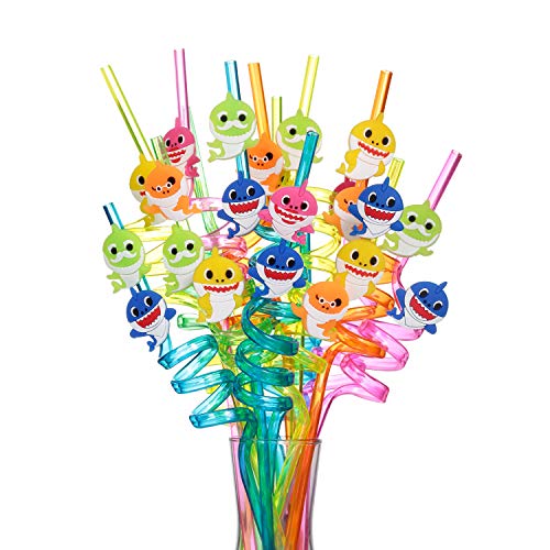 Reusable Baby Shark Drinking Plastic Straws25 and 2 Cleaning Brush, Baby Shark Party