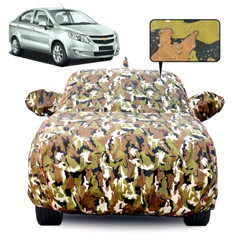 Image of 100% Waterproof Car Body Cover for Chevrolet Sail Sedan with Mirror Pocket, Soft Cotton Lining, Triple Stitched, Full Bottom Elastic (Heat Resistant Jungle Print with Red Piping)
