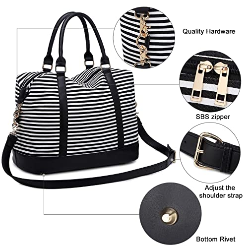 CAMTOP Women Ladies Weekender Travel Bag Canvas Overnight Carry-on Duffel Tote Luggage (Stripe -Black)