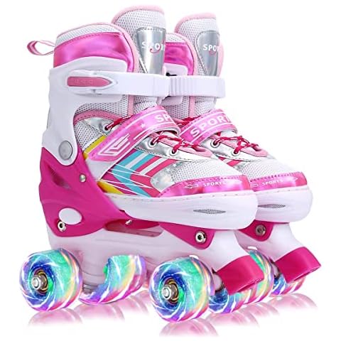 Sumeber Roller Skates for Kids Adjustable Size with Light Up Wheels Pink Skate Shoes for Girls Toddlers Birthday S(Little Kids 10-13), Pink Cover