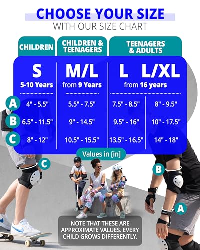 Image of SKATEWIZ Kids Knee Pads and Elbow Pads Set - Wrist Guards for Skateboarding - Smash - Size M /L Blue Black - Skating Protective Gear, Roller Skates, Skateboard - Ice Skating Kids