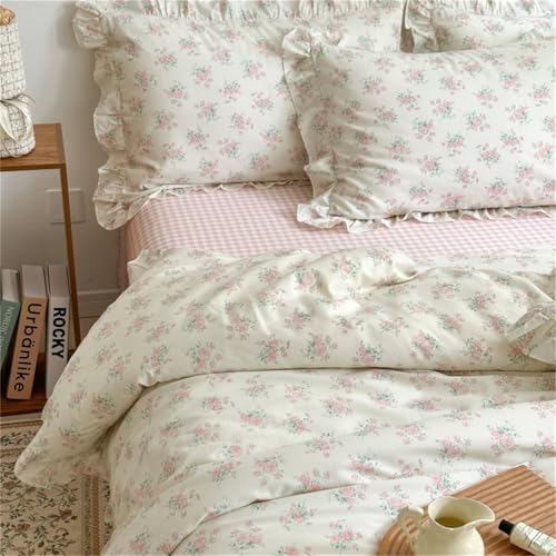 Image of MKXI King Size Floral Duvet Cover Set - 100% Cotton Ruffled Bedding with Pink Blossom Pattern, Sweet Cottagecore Aesthetic Comforter Cover for Teen Girls & Women