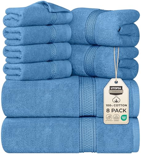Utopia Towels 8 Piece Premium Towel Set, 2 Bath, 2 Hand, and 4 Wash Cloths, 600 GSM 100% Ring Spun Cotton, Highly Absorbent Towels for Bathroom, Gym, Hotel, and Spa, Electric Blue