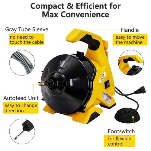 PIONEERWORKS Drain Cleaner Machine 30Ft x 3/10In, Auto-feed Electric Drain Auger for 3/4In - 2In Pipes, Cable in Piano Wire, with Foot Switch, Sewer Snake for Sinks, Toilets, and Floor Drains - DA05