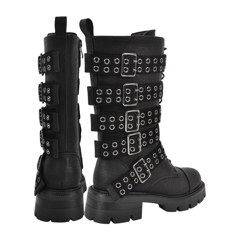 LISHAN Women's Round Toe Platform Chunky Heel Motorcycle Boots With Buckles Straps Biker Riding Mid Calf Boots3
