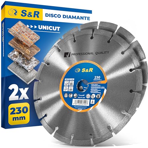 S&R Disco Diamante 230 Hormigón - Juego 2 Discos Tronzador Diamante Amoladora 230 mm Hormigón, Piedra, Ladrillos. Disco de diamante de Segmento 10mm