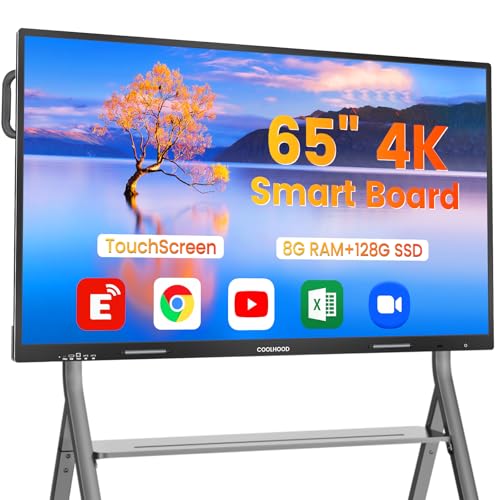 Image of COOLHOOD 65 inch Smart Board + Stand, 4K UHD Touchscreen Interactive Digital Whiteboard Display, Electronic All-in-One Computer for Classroom Office Home Business w /Open App Ecosystem Stand & Wall Mount