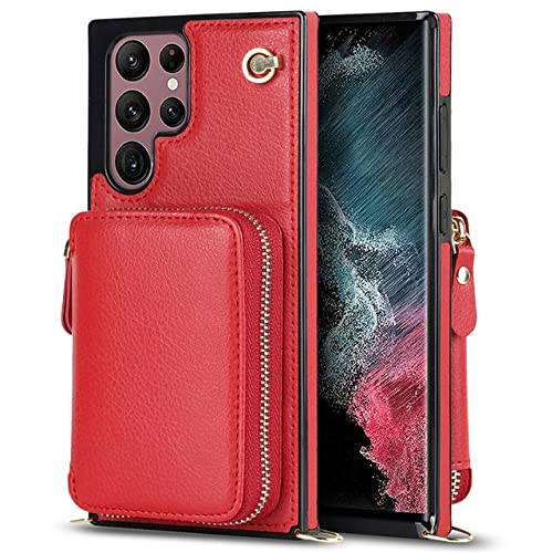 Coque portefeuille Samsung S21 Plus rouge avec fermeture éclair et porte-cartes intégrés