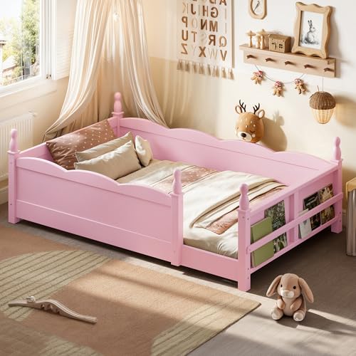 Image of Bellemave Twin Size Montessori Floor Bed Frame with High Fence, Solid Wood Kids Floor Bed with Bookshelf, Low Profile Bed for Boys & Girls, Childlike Design,Pink