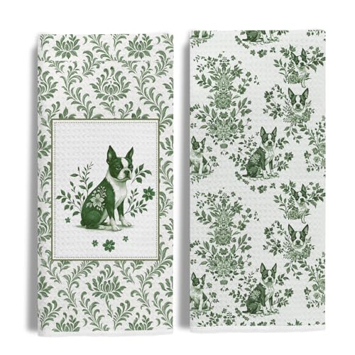 Image of Chinoiserie Boston Terrier Kitchen Towels Set of 2, Green and White Floral Dog Dish & Tea Towels 16x24 Inch, Vintage Toile Farmhouse Kitchen Bathroom Decor, Dog Lover Gifts