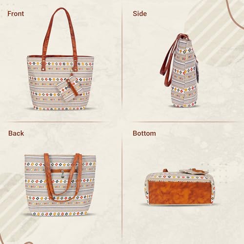 Image of Storite Women's Tote Bag with Leather Handles & Embroidery Printed Handbag with Zip Pockets, Shoulder Tote Bag and Handbag for Office and College