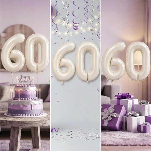 Image of Number Balloons for Birthday Decorations - 40 Inch Large Party Balloons 60, Cream Foil Number Balloons for Boys Girls, Balloons for Party Supplies