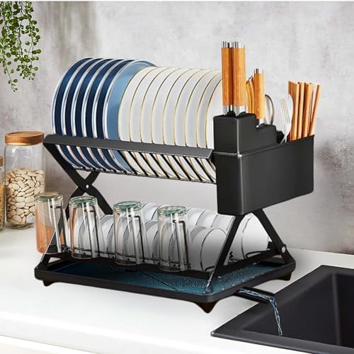 Drying In The Air Collapsible Dish Drainer Rack With Drip Tray, Cutlery