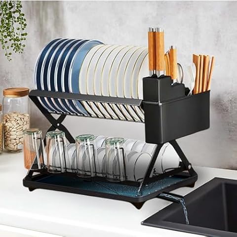 Collapsible 2 Tier Dish Drainer Rack Cover