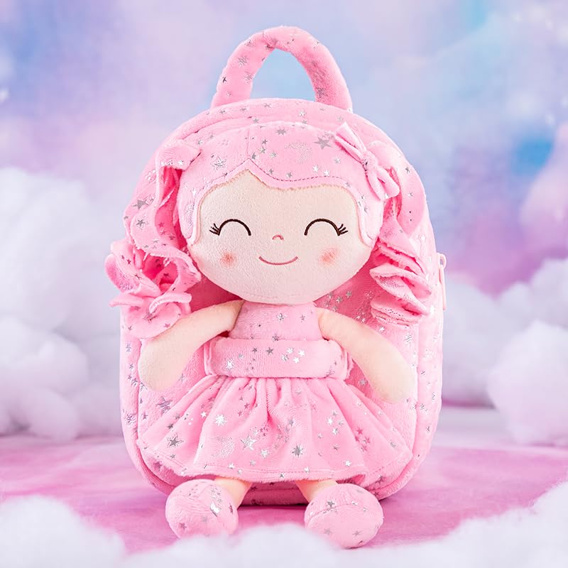 Image of Gloveleya Girls Toddler Backpack - Baby Girl Gift Plush Bag, Diaper Bag, Glitter Pink Dress Curly Hair Doll 9 Inches - Starry Sky Edition