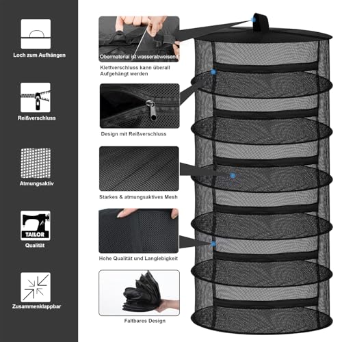Image of Desy & Feeci Drying Net Herbs 6-Layer Hanging Herbs Drying Rack Drying Net with Zippers, Black, 23.6 x 47.2 in (60 x 120 cm)