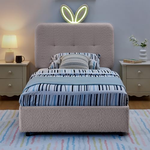 Image of Twin Led Bed Frame with 4 Storage Drawer, Upholstered Platform Floor Bed with Rabbit Ear Headboard Daybed Strong Wooden Slats No Box Spring Needed for Kids Girls Boys, Pink